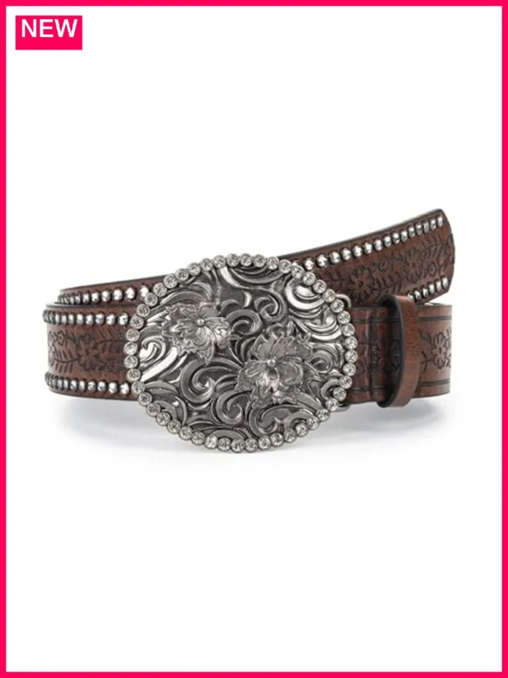 Rhinestone flower buckle cowgirl western belt PU leather
